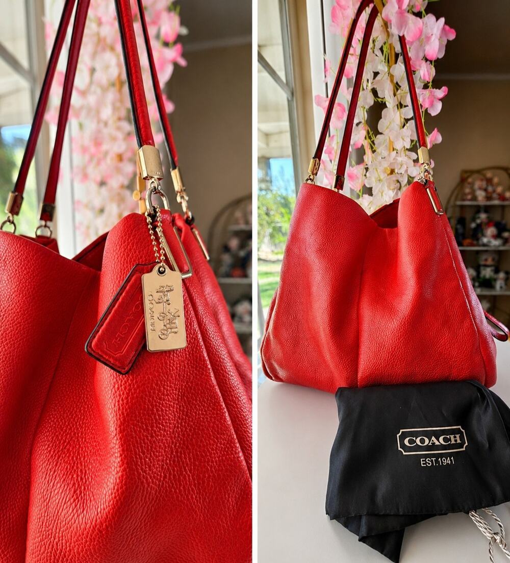 Coach Madison Phoebe Pebbled Leather Bag Purse Coral Red EUC Gold Authentic
